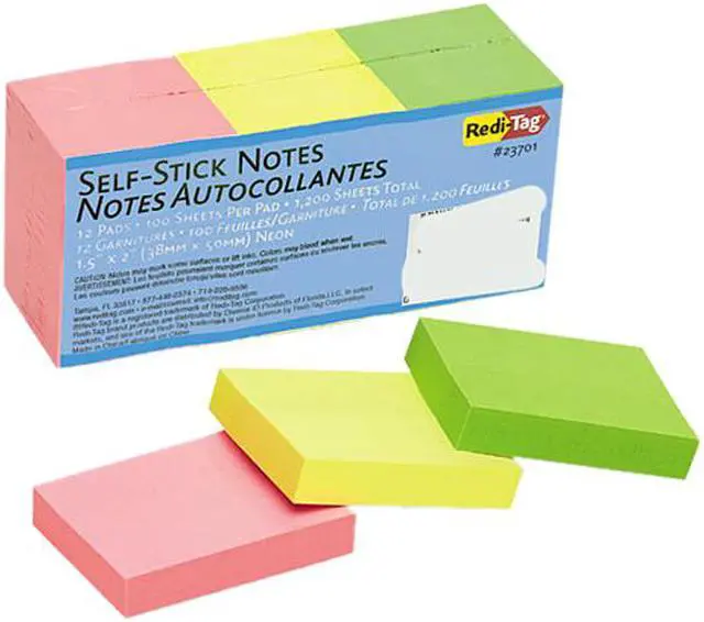 Main image of Redi-Tag 23701 Self-Stick Notes, 1 1/2 x 2, Neon, 12 100-Sheet Pads/Pack