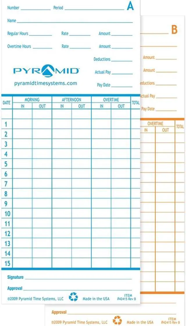 Alt view image 2 of 3 - Pyramid 42415 Time Card for Model 2600, Monthly, 3-3/8 x 7-7/16, Two-Sided, 100/Pack