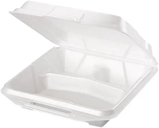 Main image of Genpak 20310 Foam Food Containers, 3-Comp, 9 1/4 x 9 1/4 x 3, White, 100/Bag, 2 Bags/Carton, 1 Carton