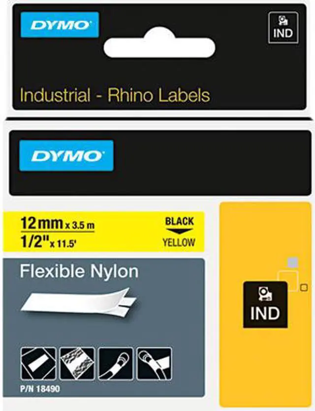 Main image of Rhino Flexible Nylon Industrial Label Tape Cassette, 1/2" x 11-1/2ft, Yellow
