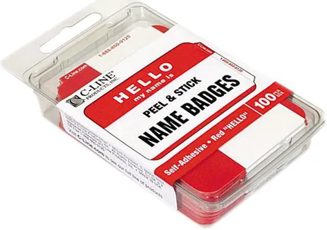 Main image of C-line 92234 Pressure Sensitive Hello Name Badges, 2-1/4 x 3-1/2, Red, 100/Box