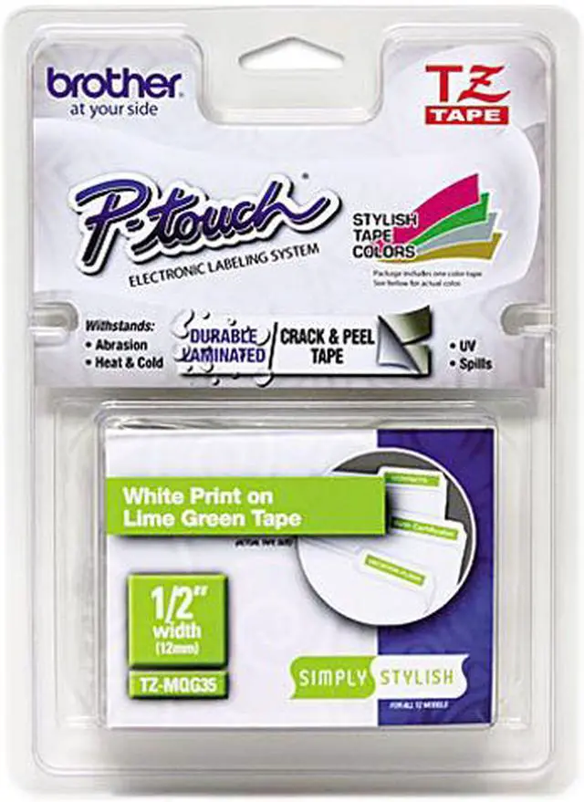 Main image of Brother TZEMQG35 P-touch Laminated Tape, 12mm (0.47") White on Lime Green tape for P-touch 5m (16.4 ft)