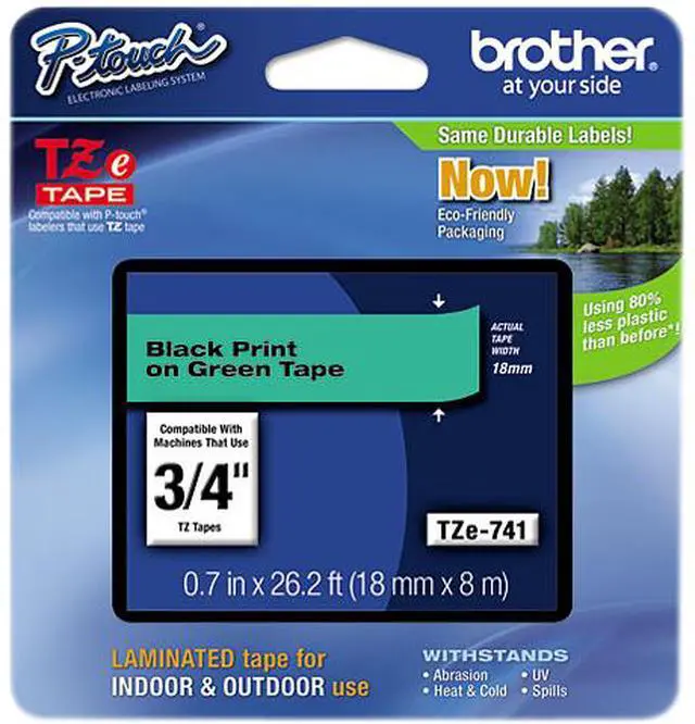 Main image of Brother TZE741 TZe Standard Adhesive Laminated Labeling Tape, Black on Green