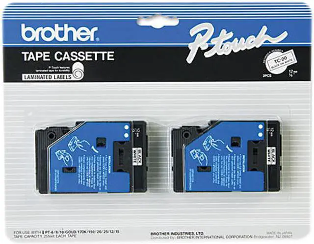 Main image of Brother P-Touch BRTTC20 TC Tape Cartridges for P-Touch Labelers, 1/2"w, Black on White, 2/Pack