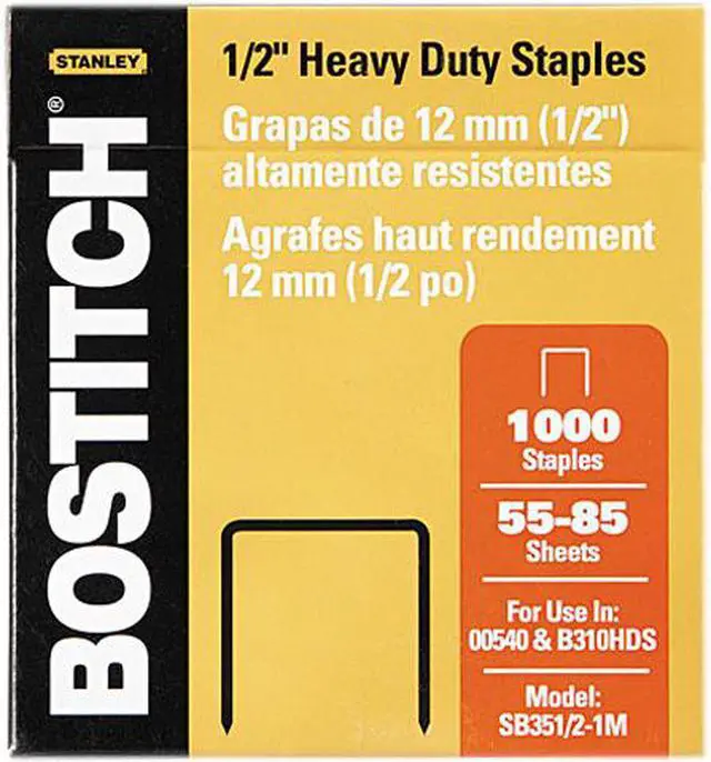Main image of Stanley Bostitch SB351/21M Heavy-Duty Staples, 1/2 Inch Leg, 100 Strip Count, 1,000/Box