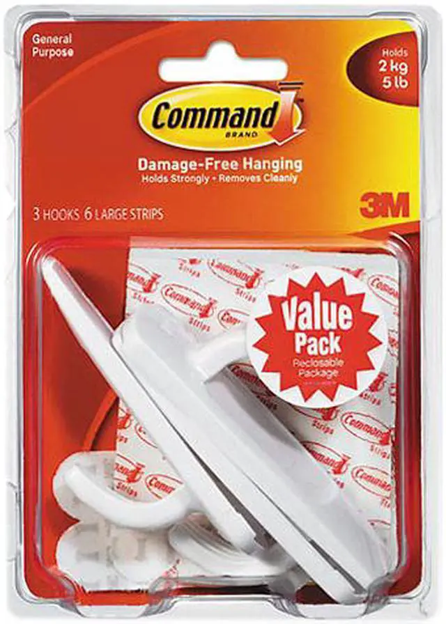 Main image of Command 17003-VP-3PK Adhesive Hook Value Pack, Large, Holds 5-lb, White, 3/Pack