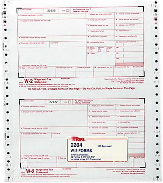 Main image of Tops 2204 Carbonless Standard W-2 Tax Forms, 4 Part, 5 1/2" x 8 1/2", Recycled - 24 /Pack