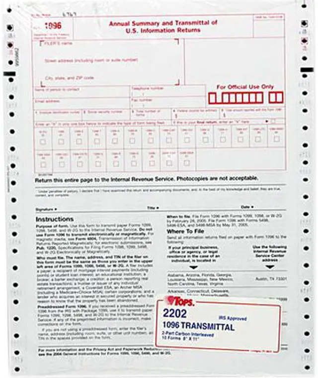 Main image of Tops 2202 1096 IRS Approved Tax Forms, 8 x 11, 2-Part Carbon, 10 Contin Forms