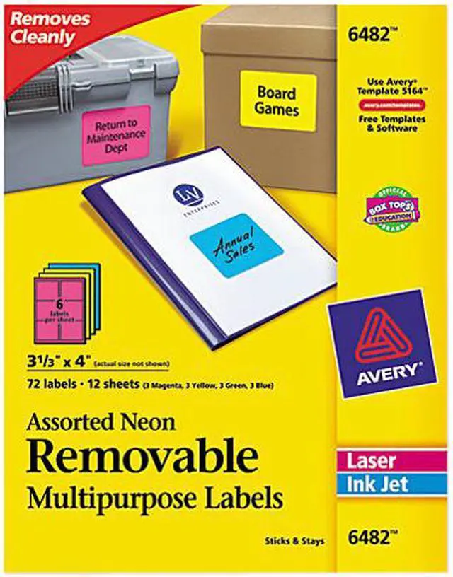 Main image of Avery High-Visibility Removable ID Labels Laser/Inkjet 3 1/3 x 4 Asst. Neon 72