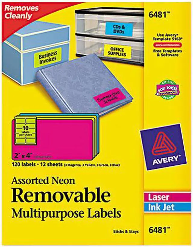 Main image of Avery High-Visibility Removable ID Labels Laser/Inkjet 2 x 4 Asst. Neon 120/Pack
