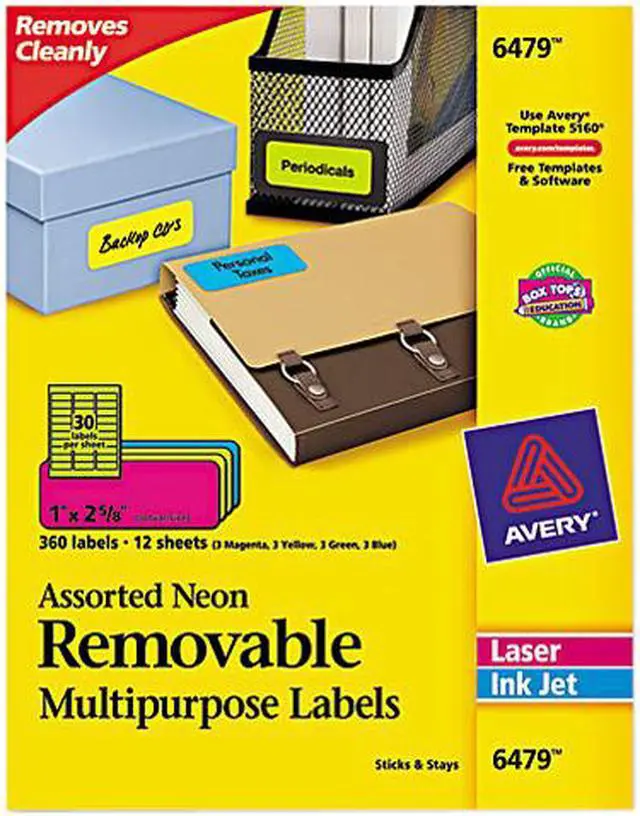 Main image of Avery High-Visibility Removable ID Labels Laser/Inkjet 1 x 2 5/8 Asst. Neon 360