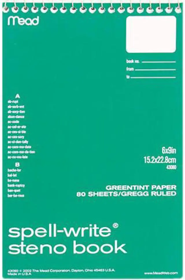 Main image of Mead 43080 Spell-Write Steno Book, Gregg Rule, 6 x 9, Green, 80 Sheets/Pad