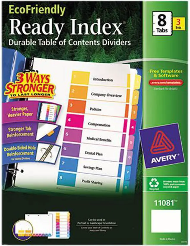 Main image of Avery 11081 Customizable Table of Contents EcoFriendly Dividers, Ready Index Printable Section Titles, Preprinted 1-8 Multicolor Tabs, 3 Sets (11081)