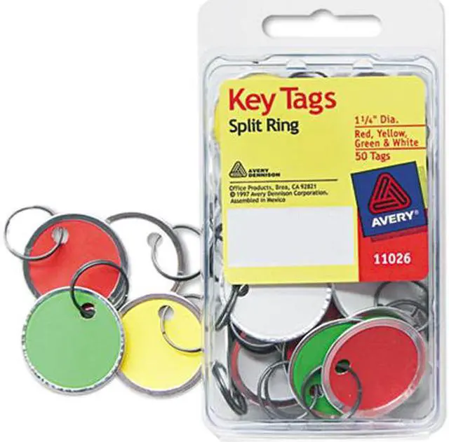 Main image of Avery Card Stock Metal Rim Key Tags 1 1/4 dia Assorted Colors 50/Pack 11026