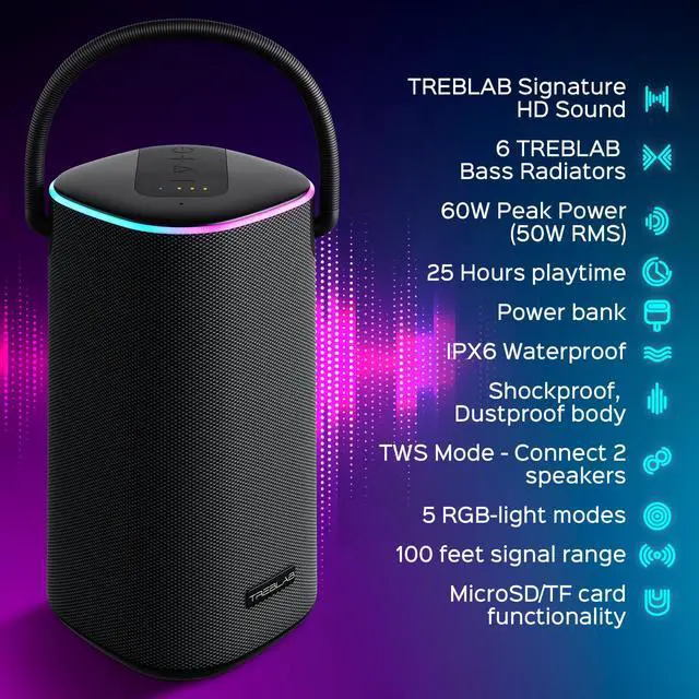 Alt view image 3 of 4 - Treblab HD-Force Portable Bluetooth Speaker System - 50 W RMS - Black - 80 Hz to 16 kHz - Rechargeable Battery