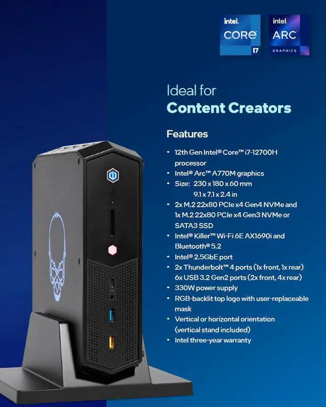Alt view image 8 of 10 - Intel NUC Serpent Canyon RNUC12SNKi7200U Mini / Booksize Barebone System Intel 12th Gen Core i7-12700H Intel Arc A770M, Single Pack