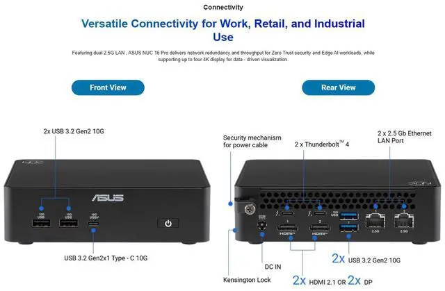 Alt view image 2 of 14 - ASUS NUC 16 Pro Barebone Mini PC (w/ RAM) with Intel Series 3 Core Ultra X7 358H, 32GB LPDDR5x onboard memory, Dual Storage Design, Dual LAN & TBT4, Wi-Fi 7 & BT 6.0, VESA Mount, 3-year Warranty