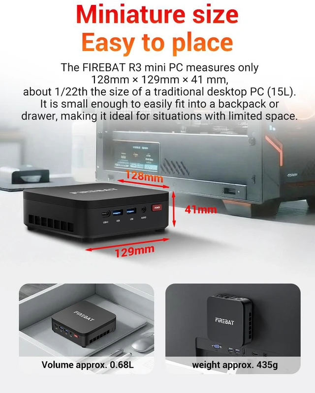 Alt view image 4 of 8 - Firebat R3 Mini PC(High-performance Solution) With AMD Ryzen5 7430U 6C/12T, 16GB(LPDDR4) RAM, 512GB SSD, WiFi6 BT5.2, Triple 4K Display, Portable Desktop Computer