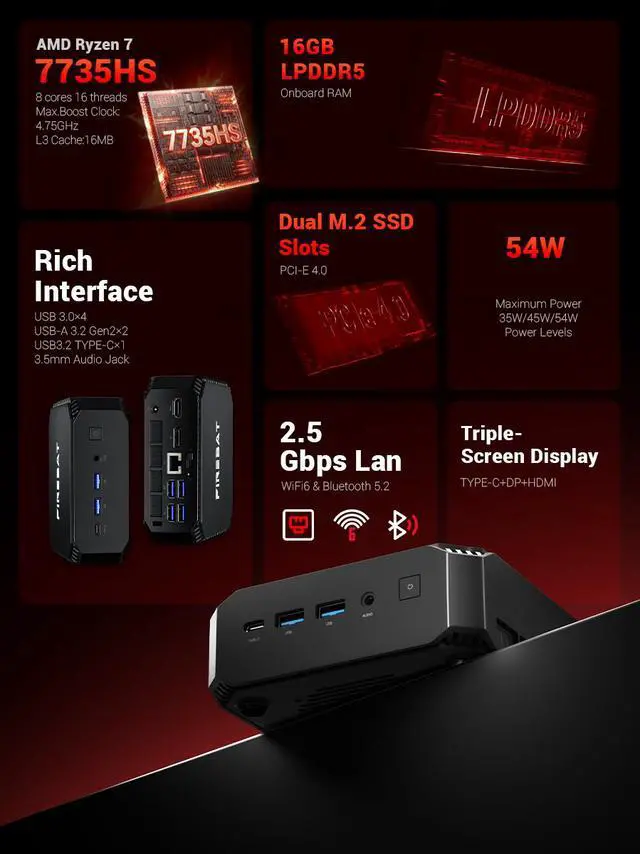 Main image of Firebat A6 Mini PC With AMD Ryzen7 7735HS 8C/16T(Up to 54W), 16GB(LPDDR5) RAM 512GB SSD, WiFi6 BT5.2, Triple 4K Display, Portable Desktop Computer