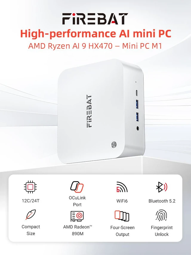 Main image of Firebat M1 Mini PC With AMD AI 9 HX 470 12C/24T, 32GB RAM 1TB SSD, WiFi6 BT5.2, Supports up Quad-screen 4K60Hz display, Dual USB4+Oculink, High-Performance Desktop Computer