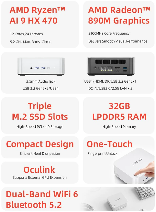 Alt view image 14 of 18 - Firebat M1 Mini PC With AMD AI 9 HX 470 12C/24T, 32GB RAM 1TB SSD, WiFi6 BT5.2, Supports up Quad-screen 4K60Hz display, Dual USB4+Oculink, High-Performance Desktop Computer