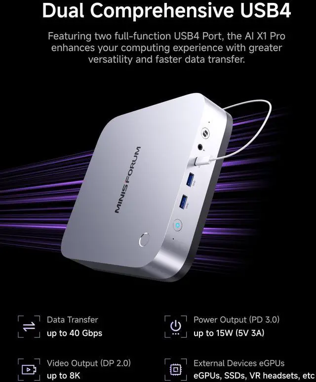 Alt view image 3 of 7 - MINISFORUM AI Mini PC X1 Pro-370 AMD Ryzen AI 9 HX 370 32GB DDR5 2TB SSD Without OS, 2x5G RJ45 Port|WiFi7|BT5.4, HDMI/DP/2xUSB4 Video Output, AMD Radeon 890M Graphics Copilot Support AI Mini Computer