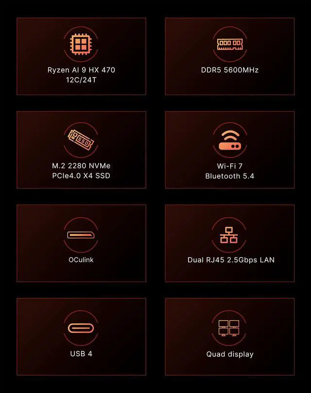 Alt view image 4 of 14 - BOSGAME VTA-439 Barebone Mini PC, Personal-AI PC AMD Ryzen AI 9 HX 470 (Up to 5.2GHz), Dual 2.5G LAN, Wi-Fi 7 & BT 5.4, USB4 & OCuLink, Triple 8K Display