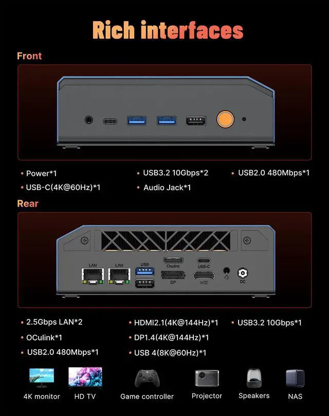 Alt view image 8 of 14 - BOSGAME VTA-439 Barebone Mini PC, Personal-AI PC AMD Ryzen AI 9 HX 470 (Up to 5.2GHz), Dual 2.5G LAN, Wi-Fi 7 & BT 5.4, USB4 & OCuLink, Triple 8K Display