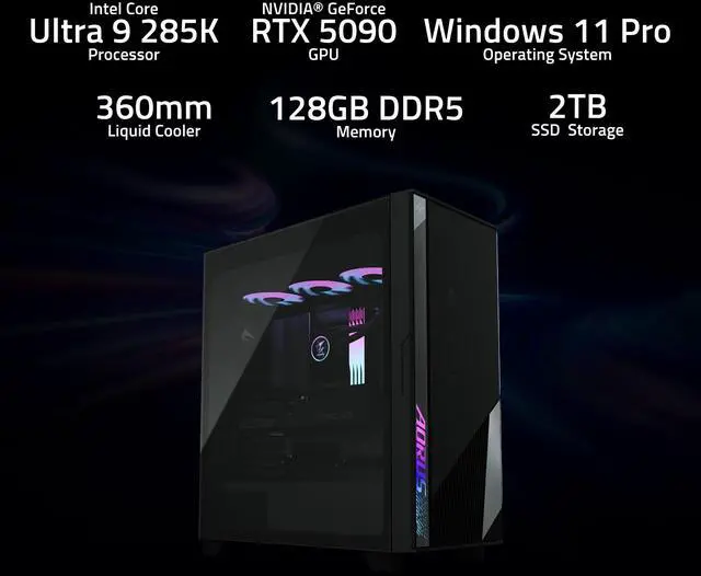 Alt view image 3 of 8 - GIGABYTE AI TOP 100 Z890 Desktop PC, Intel Core Ultra 9 285K, GIGABYTE RTX 5090, 128GB DDR5, 2TB + 320GB SSD, Windows 11 Pro, Black