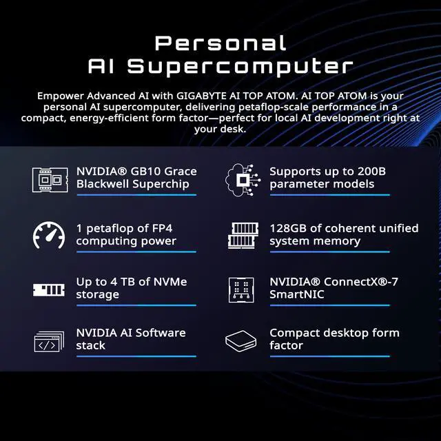 Alt view image 14 of 14 - GIGABYTE AI TOP ATOM Personal AI Supercomputer, Arm Cortex-X295 + Cortex A725, NVIDIA Blackwell Architecture, 128GB LPDDR5X, 4TB PCIe 4.0 NVMe SSD, NVIDIA DGX OS, Black