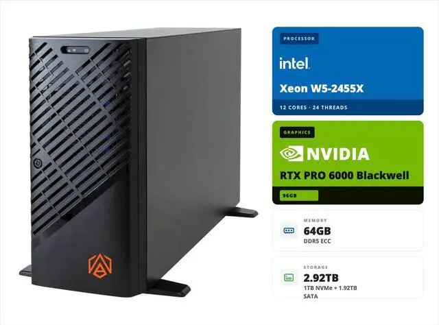 ABS AI Workstation - 96GB VRAM (NVIDIA RTX PRO 6000 Blackwell), Intel Xeon W5-2455X, 64GB ECC DDR5 RDIMM, 1TB NVMe M.2 + 1.92TB SATA SSD, Ubuntu (Zaurion ZAW5-2455X-RP6000)