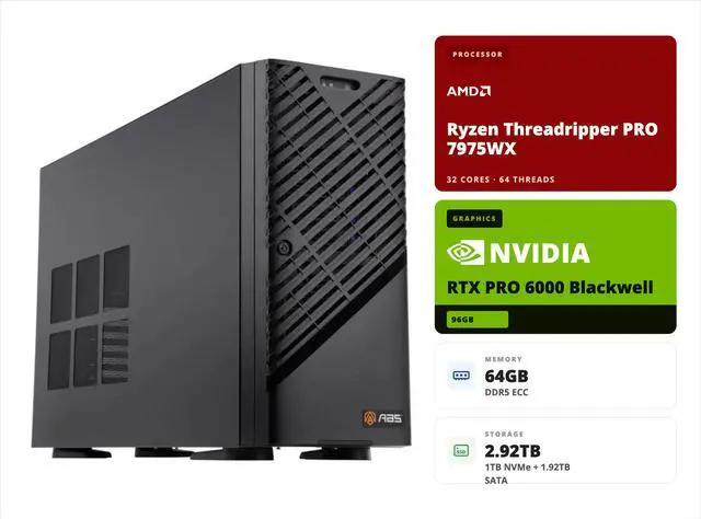 Main image of ABS AI Workstation - 96GB VRAM (NVIDIA RTX PRO 6000 Blackwell), AMD Ryzen Threadripper PRO 7975WX, 64GB ECC DDR5 RDIMM, 1TB NVMe M.2 + 1.92TB SATA SSD, Ubuntu (Zaurion ZRP7975WX-RP60001)
