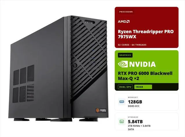 Main image of ABS AI Workstation - 192GB Aggregate VRAM (2x 96GB RTX PRO 6000 Blackwell Max-Q), AMD Ryzen Threadripper PRO 7975WX, 128GB ECC DDR5, 2TB M.2 + 3.84TB SATA SSD, Ubuntu (Zaurion ZRP7975WX-RP60002M)