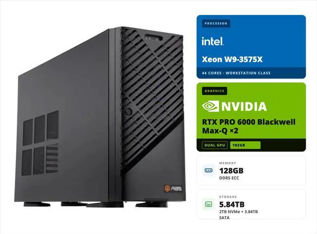 Main image of ABS AI Workstation - 192GB Aggregate VRAM (2x 96GB RTX PRO 6000 Blackwell Max-Q), Intel Xeon W9-3575X, 128GB ECC DDR5, 2TB NVM2 M.2 + 3.84TB SATA SSD, Ubuntu (Zaurion ZAW9-3575X-RP6000MQ)