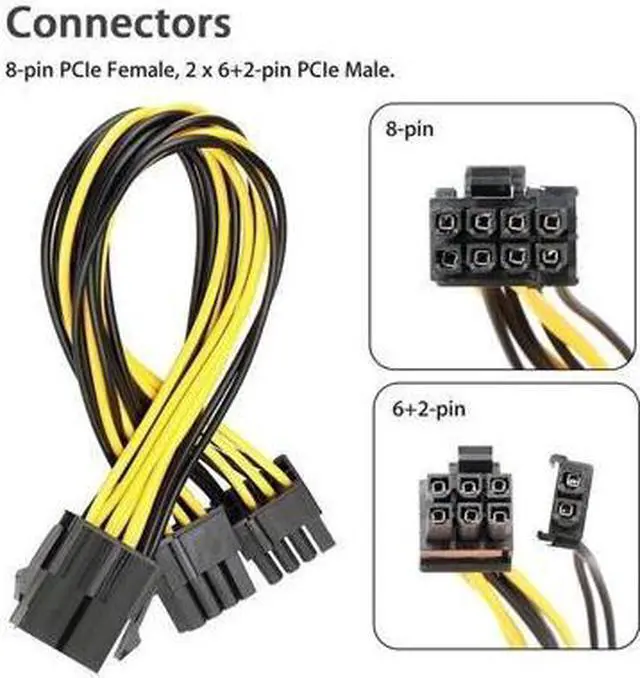 Alt view image 2 of 4 - 5-Pack PCI-E 8Pin to 2X 8 Pin (6+2) Power Splitter Cable for PCIE PCI Express Image Card Y - Splitter Extension Cable 18AWG(20cm/7.87")