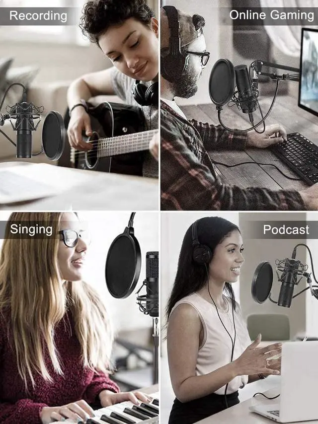 Alt view image 5 of 7 - Condenser Microphone, Intelligent Noise Reduction Cardioid Computer Mic Kit with Adjustable Scissor Arm, Shock Mount, Pop Filter for Recording, Podcasting, Voice Over, Home Studio, YouTube