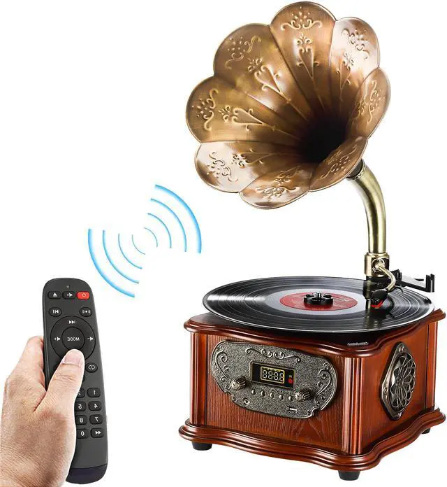 Alt view image 2 of 7 - LuguLake Record Player Retro Turntable All in One Vintage Phonograph Nostalgic Gramophone for LP with Copper Horn, Built-in Speaker 3.5mm Aux-in/USB/FM Radio
