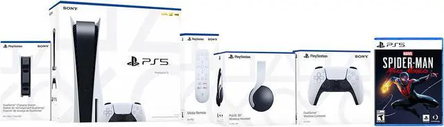 Main image of PlayStation PS5 Standard HW Console Bundle, includes Additional Dualsense Wireless Controller, Dualsense Charging Station, Pulse 3D Wireless Headset, Media Remote, Marvels Spiderman Miles Morales