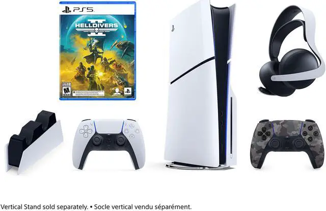 Main image of Ultimate PlayStation 5 Slim Combo Bundle | PS5 Slim Standard, Helldivers 2, DualSense Controller, Pulse Elite Headset, and Charging Station
