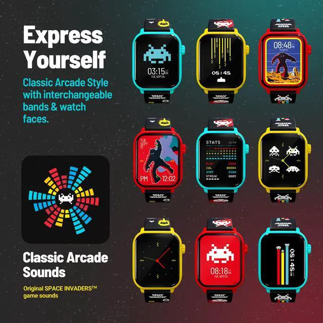 Alt view image 5 of 6 - Space Invaders Retro Gaming Smart Watch, Selective Tech, Yellow Bezel, Non-Connected, Built-in Space Invaders™ Game, Custom Watch Faces, Classic Arcade Sound, IP67 Rating