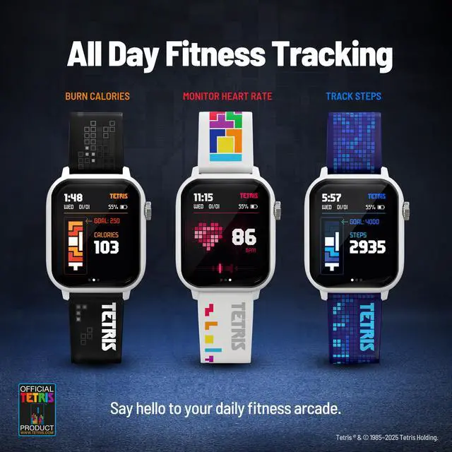 Alt view image 5 of 8 - Tetris®: My Play Watch – Retro Gaming Smart Watch with Free Bonus Band, No WiFi or BT, Built-in Tetris®, Custom Watch Faces, Classic Arcade Sound, Heart Rate Monitor, IP67 Water Resistant.