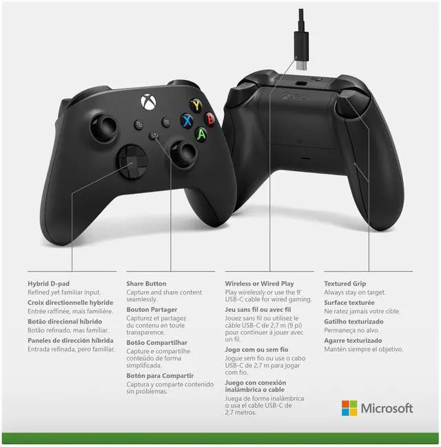 Alt view image 2 of 3 - Xbox Wireless Controller - Carbon Black With PC Cable for Xbox Series X|S, Xbox One, and Windows Devices
