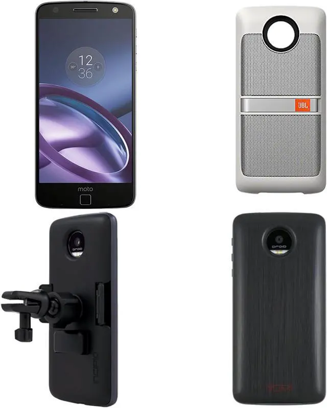 Main image of Moto Z 64GB Lunar Gray Unlocked Smartphone, Tumi Wireless Charging Pack Moto Mod, JBL Soundboost Speaker Moto Mod, & Incipio Vehicle Dock Moto Mod - US Warranty