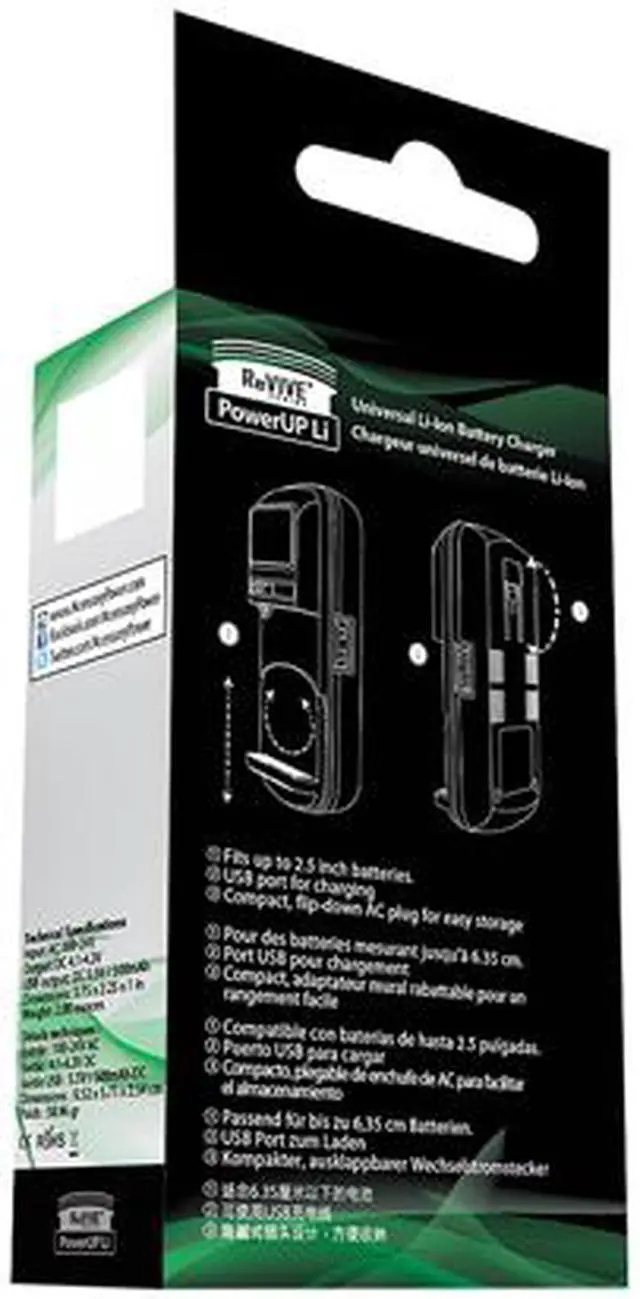 Alt view image 5 of 5 - ReVIVE PowerUP Li CH-POWERUP-LI Flip-Down AC Plug with Adjustable Contact Pins USB Battery Charger - Black