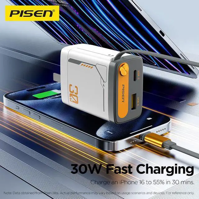 Alt view image 2 of 5 - PISEN 30W GaN Fast Charging Retractable Wall Charger Set White (US)