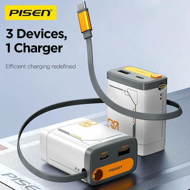 Alt view image 5 of 5 - PISEN 30W GaN Fast Charging Retractable Wall Charger Set White (US)