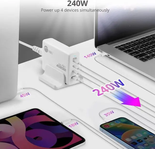 Alt view image 4 of 6 - SIIG 240W GaN PD 3.1 Charger - 3C1A - 3x USB-C + 1x USB-A - White  AC-PW1X11-S1