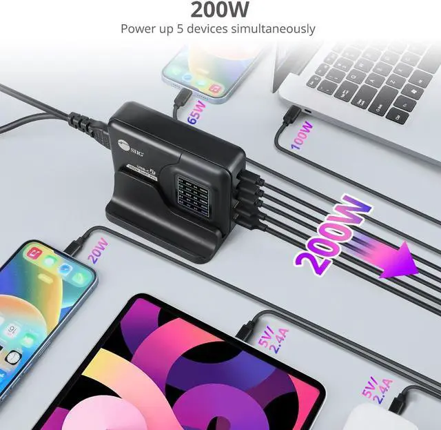 Alt view image 4 of 7 - SIIG 200W GaN PD Charger with Charging Display - 3x USB-C + 2x USB-A - USB-C Power Adapter - Portable USB Type-C Charger - Black AC-PW1Y11-S1
