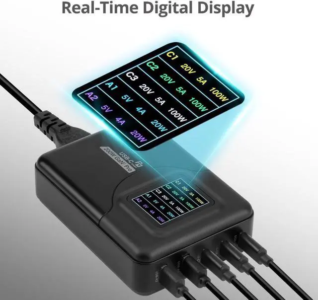 Alt view image 5 of 7 - SIIG 200W GaN PD Charger with Charging Display - 3x USB-C + 2x USB-A - USB-C Power Adapter - Portable USB Type-C Charger - Black AC-PW1Y11-S1