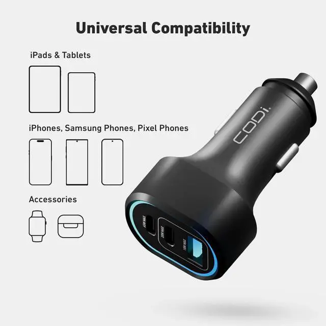 Alt view image 4 of 6 - CODi 65W Triple Port USB-C Car Charger with Dual USB-C & USB-A, Power Delivery & Fast Charging